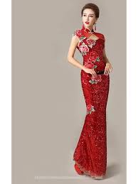Embroidered Peony Floral Red Sequins Long Cheongsam Asian Dress Oriental Fashion Traditional Chinese Dress