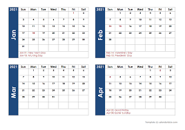 Printable blank calendar january 2021. 2021 Four Month Calendar Template Free Printable Templates