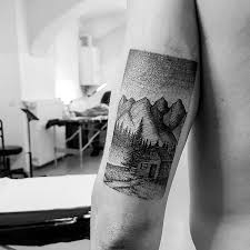 Black And White Woods Tattoo Dot Work Tattoo Of A Mountainous Landscape And The Cabin In The Woods Star Tattoos For Men Tattoos For Guys Tattoos