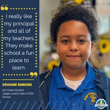 Meet Devaune Rankins, a 5th grader at Judge Lionel Collins STEM School  since Pre-K! Devaune loves being recognized for his hard work, like  celebrating his Mastery and Advanced scores