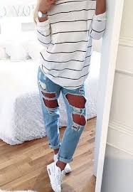Black And White Striped Shirt With Jeans Men Love This Style Of Striped Top I D Also Love Some Light Wash High Waisted Crops Similar To This Sty Jeans Outfit Casual Light Ripped Jeans Light Jeans Outfit