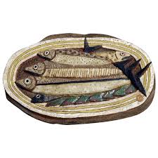 unique stoneware plaque with fish in relief by tyra lundgren for gustavsberg vintage ceramic stoneware leaf decor