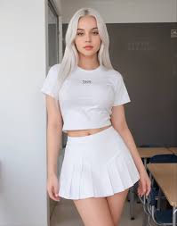 A woman in a white shirt and skirt posing for a picture - SeaArt AI