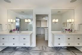 His And Hers Floating Washstands Flanking Closet Door Transitional Bathroom Master Bathroom Layout Bathroom Closet Master Bathroom