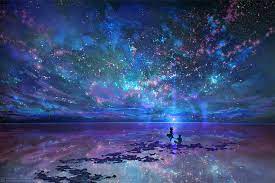 Hd wallpapers and background images. Hd Wallpaper Anime Couple Scenic Stars Night Sky Silhouette Water Wallpaper Flare