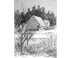 Winter Landscape Pencil Drawing Winter Snow Scene Winter Barn Country Landscape Sketchbook Art Fine Art Print Landscape Pencil Drawings Barn Art Drawings