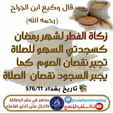 زكاة الفطر قال وكيع ابن الجراح رحمه الله زكاة الفطر لشهر رمضان كسجدتي السهو للصلاة تجبر نقصان الصوم كما ي ج ب ر السجود نقصان الصلاة ت