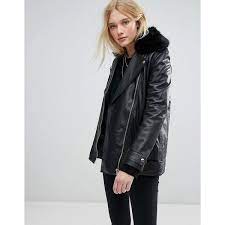 Lab Longline Leather Jacket With Belt And Faux Fur 1 465 Brl Liked On Polyvore Featuring Outerwear Leather Jacket Leather Jackets Women Fur Collar Jacket