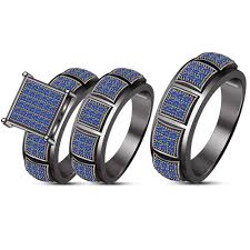 Black And Blue Wedding Ring Set Mens Ladies 10k Black Gold Blue Sapphire Engagement Bridal Wedding Ring Tr Wedding Ring Trio Sets Sapphire Engagement Ring Blue Wedding Rings Sets His And Hers