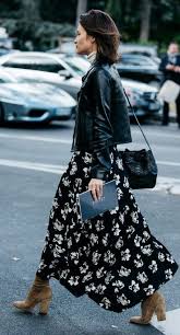 Fall Street Style Floral Maxi Skirt Boots Leather Jacket Black Floral Maxi Dress Fashion Style