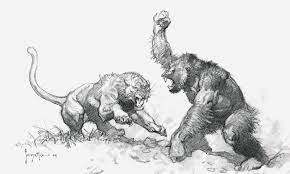 Who will win in a fight between the gorilla vs lion? Lion In Wait For The Gorilla My Dreams By Frank Frazetta Frank Frazetta Monkey Art Fantasy Artist