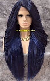 Black And Blue Wig Human Hair Blend Hand Tied Monofilament Lace Front Full Wig Long Black Blue Hair Styles Hair Color Shades Long Hair Styles
