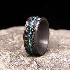 Meteorite Shavings With Blue Green Lab Opal Inlay Carbon Fiber Wedding Band Or Ring Carbon Fiber Wedding Bands Opal Band Mens Wedding Rings