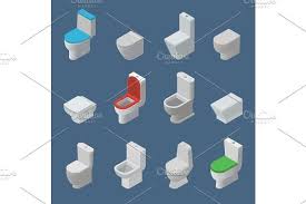 Toilet Bowl And Seat Vector Isometric Icons Toiletries Flush And Bathroom Ceramic Equipment Or Sanitary Toilette In Wc Closet Or Lavatory With Toiletware Illust In 2020 Toilet Bowl Toiletries Sanitary