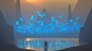 Bring your artwork to life with the texture and. Man Kneeling On Water Near Pyramids With Flock Of Blue Birds Artwork Lake Cranes Bird Pyramid Fantasy Art Hd Wallpaper Wallpaper Flare