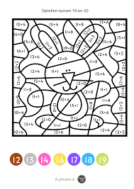 Print een werkblad met rekensommen uit: Groep 3 Kleuren Op Code Lente En Pasen Juf Maike Wiskunde Knutselen Letterherkenning Spelletjes Kleuren Met Nummers