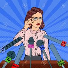 Viernes 11 de diciembre 2020. Mujer De Negocios Confidente En Conferencia De Prensa Entrevista Con Los Medios De Comunicacion Ilustracion Del Vector Del Arte Pop Ilustraciones Vectoriales Clip Art Vectorizado Libre De Derechos Image 76138085