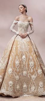 Off The Shoulder Long Sleeves Heavy Embellishment Ball Gown Gold Wedding Dress With Loyal Train Wedding Weddingdress Weddinggown W Bride Vesti