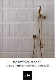 Clé offers five lines of brick tiles in thin brick form: Cle Basics Modern Farmhouse Brick White Gloss Rectangle 2 1 2 X9 1 2 X3 8 Farmhouse Master Bathroom Modern Brick Artisan Tiles