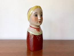 Rare Antique Folk Art Head Vase Scandinavian Folk Art Ceramic Lady Flower Vase Hand Painted Russian Woman Antique Folk Art Scandinavian Folk Art Head Vase