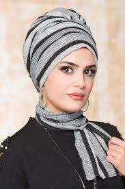 Aise Tesettur Gri Siyah Atkili Tesettur Bone 1 Triko Siyah Turban Basortusu
