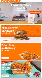 All deliveries start from 5pm until 9pm.7 days a week. January 2021 Free Chicken Sandwich With 10 Spent More At Popeyes Popeyes Coupon Promo Code The Coupons App