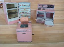 antique pink metal kitchen toy set