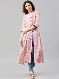It comes with 3/4 sleeves and a front open style on the neck that is fastened with a tiny button. Libas Cream Coloured Pink Floral Print A Line Kurta Cotton Kurti Designs Kurti Designs A Line Kurta