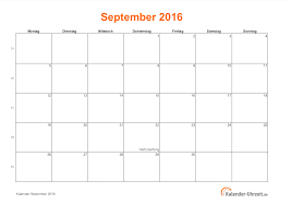 Het begon met een vrijdag en eindigde met een zaterdag. September 2016 Kalender Mit Feiertagen