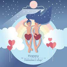 Premium Vector | Cute lesbian couple naked girls covered up with only  valentines soar against the backdrop of a rainbow and a starry sky.