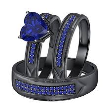 Black And Blue Wedding Rings For Her Blue Sapphire Trio Black Gold Finish Wedding Ring His And Her Matching Band Set Aonedesigns Wedd Wedding Ring Trio Pretty Engagement Rings His And Hers Rings