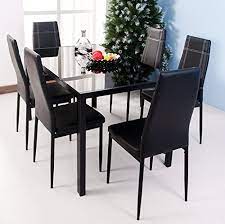 It will complement many home minimalist in design, the hillary by riley ave dining table set consists of a simple clear glass table and four chairs covered in faux leather in a black or. Merax 7 Piece Dining Set Glass Top Metal Table 6 Person Table And Chairs 55 Inch Black Modern Dining Room Dining Room Sets Glass Top Dining Table