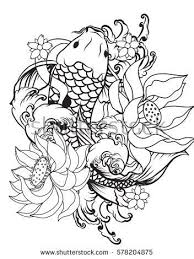 Hand Drawn Outline Koi Fish Tattoo With Flower Tattoo Design Koi Fish Tattoo Koi Fish How To Draw Hands
