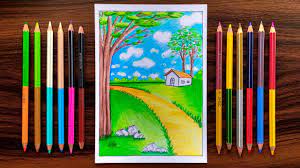 Nature Scenery Drawing With Cheap Colour Pencils For Beginners Step By Step Youtube Mountain landscape with oak trees.