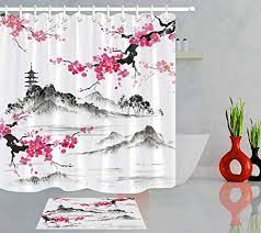 Zhangshuqi Zhanghuqi Ensemble De Salle De Bain Avec Rideau De Douche Motif Lac Sakura Japonais 180 X 180 Cm Tapis De Bain 6 Rideau Douche Tapis De Bain Rideaux