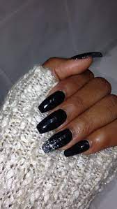 Black Coffin Acrylic Nails With Silver And Holo Glitter Accent Nail Black Acrylic Nails Acrylic Nails Coffin Glitter Coffin Nails Glitter