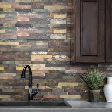 Tiled kitchen backsplashes give a custom look to a home and stand up better than a wallpapered backsplash according to an angie's list magazine report. Aspect 6 X 24 Peel Stick Distressed Metal Backsplash Tile At Menards In 2021 Metallic Backsplash Metal Tile Backsplash Backsplash