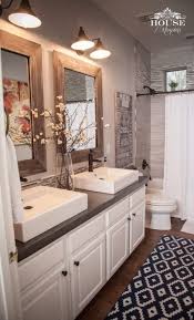 Bathroom Rustic Modern Home Decor Double Sinks Shower Curtain Rug White Cabinet Farmhouse Two Mirrors Wood Framed Mirror Bathro Modern Farmhouse Bathroom Home Decor Bath Remodel