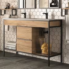Meuble Double Vasque Industriel En Bois Et Metal Noir Mat 120cm Meuble Double Vasque Meuble Sous Vasque Bois Idee Salle De Bain