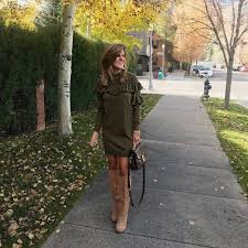 Olive Green Ruffle Sweater Dress With Suede Tall Boots Fall Outfit Ideas Transitional Fa Cute Sweater Dresses Ruffle Sweater Dress Fall Outfits Women 20s