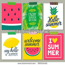 Vector Set Of Bright Summer Cards Beautiful Summer Posters With Pineapple Watermelon Lemon Palm Leaves And Hand Wr Summer Cards Journal Cards Summer Poster