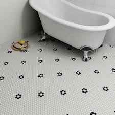 Black And White Hexagon Floor Tile Flower Retro Hexagon 0 875 X 0 875 Porcelain Mosaic Tile In Glazed Black Cream Porcelain Mosaic Tile Porcelain Mosaic Mosaic Flooring