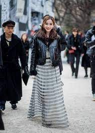 Angelababy Wearing Leather Jacket Striped Dress Is Seen Outside Dior On February 27 2018 In Paris France Angelababy Street Style Striped Dress