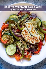 Roasted Vegetable Salad With Quinoa And Halloumi Recipe In 2020 Roasted Vegetable Salad Halloumi Veggie Recipes Easy