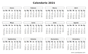 Yearly calendar showing months for the year 2021. Calendario 2021