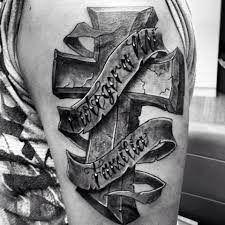 Black bold cross tattoo on right ankle. Ribbon And Cross Tattoos By Wesley Canada