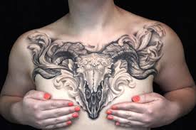 Black And White Ram Skull On The Chest Chest Piece Tattoos Bull Skull Tattoos Animal Skull Tattoos