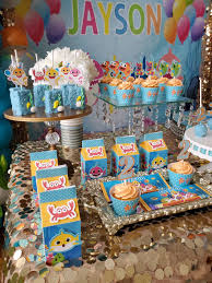 Baby Shark Rice Crispies Treats In 2020 Cake Table Decorations Birthday Party Tables Shark Birthday Party