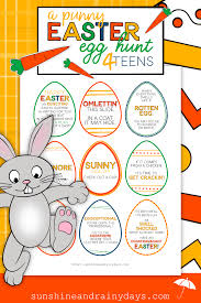 Print out the clues below for the children so they can find the eggs. A Punny Easter Egg Hunt For Teens Sunshine And Rainy Days