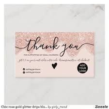 When it comes to an inexpensive and sincere form of gratitude that can boost morale around the office, business thank you cards are the perfect choice. Chic Rose Gold Glitter Drips Blush Order Thank You Business Card Zazzle Com Thank You Business Cards Nail Business Cards Rose Gold Glitter